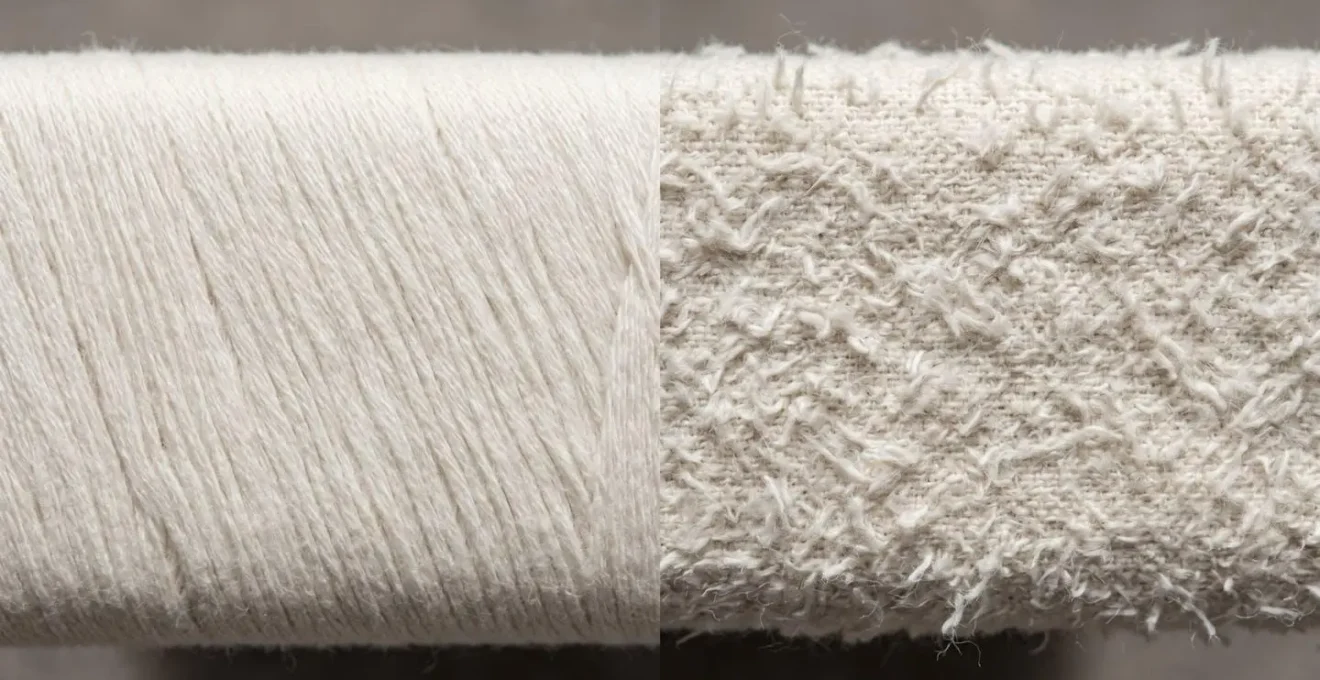 Extreme close-up comparison of high-quality long-staple cotton fibers versus short-staple cotton