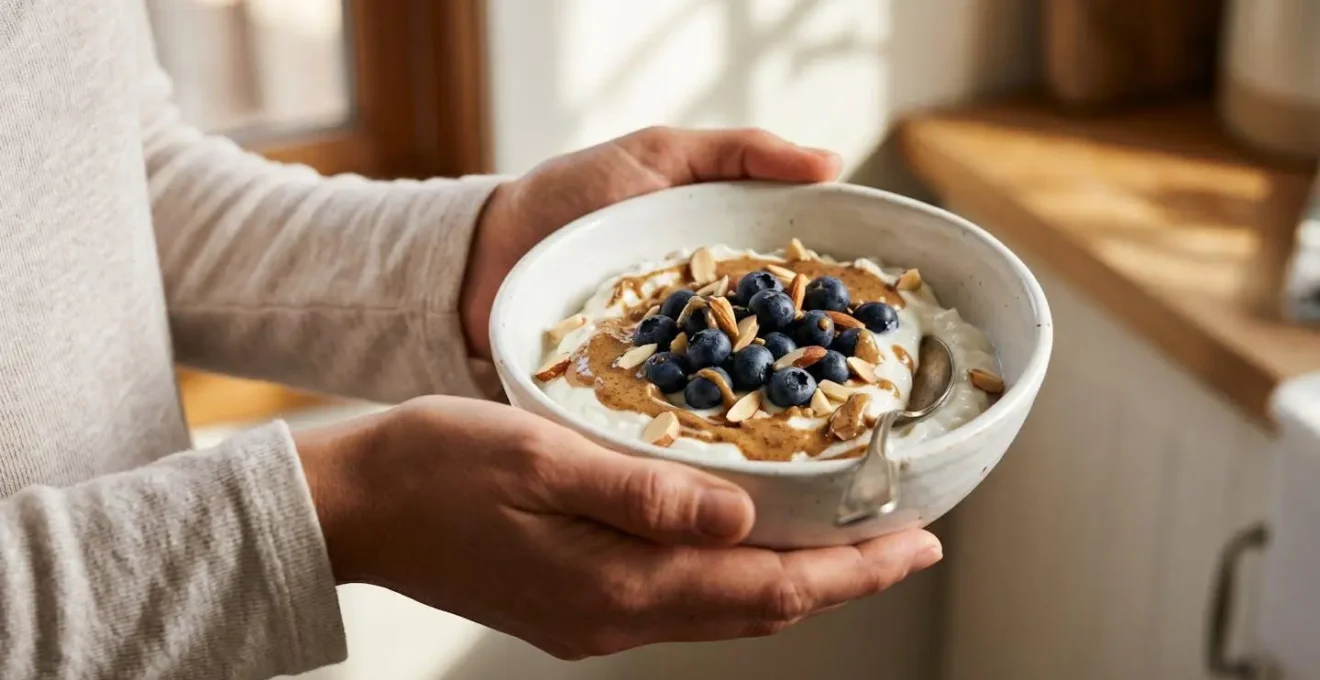A balanced breakfast composition in a bowl, showcasing protein from yogurt, healthy fats from nuts, and complex carbs from berries.