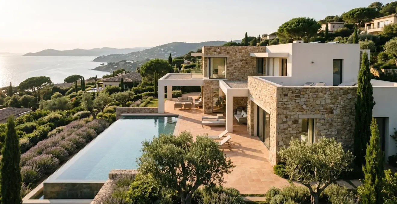 Luxury villa exterior with infinity pool overlooking French Riviera coastline in golden afternoon light, showing contemporary architecture integrated into Ramatuelle landscape with Mediterranean Sea visible in distance