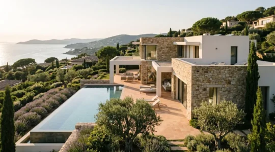 Luxury villa exterior with infinity pool overlooking French Riviera coastline in golden afternoon light, showing contemporary architecture integrated into Ramatuelle landscape with Mediterranean Sea visible in distance