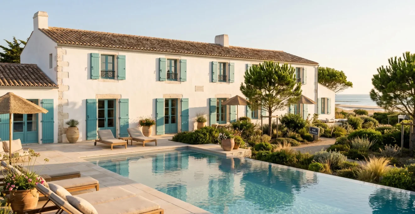 Luxury white-washed villa on Île de Ré with turquoise shutters, infinity pool, manicured garden with maritime pines, and stone terrace featuring contemporary outdoor furniture, photographed during golden hour with Atlantic Ocean visible in background