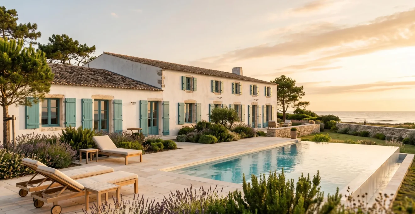 Luxury white-washed villa on Île de Ré with turquoise shutters, infinity pool, manicured garden with maritime pines, and stone terrace featuring contemporary outdoor furniture, photographed during golden hour with Atlantic Ocean visible in background