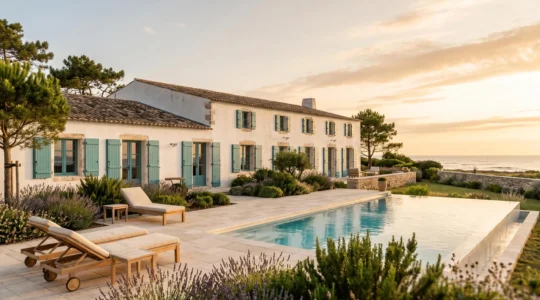Luxury white-washed villa on Île de Ré with turquoise shutters, infinity pool, manicured garden with maritime pines, and stone terrace featuring contemporary outdoor furniture, photographed during golden hour with Atlantic Ocean visible in background