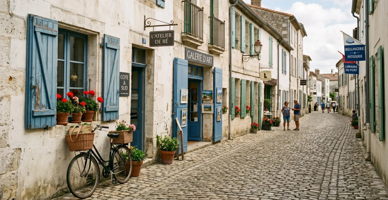 Narrow cobblestone street in Saint-Martin-de-Ré with traditional white houses, green shutters, artisan boutiques, bicycle against stone wall, and flower boxes, photographed in natural afternoon light