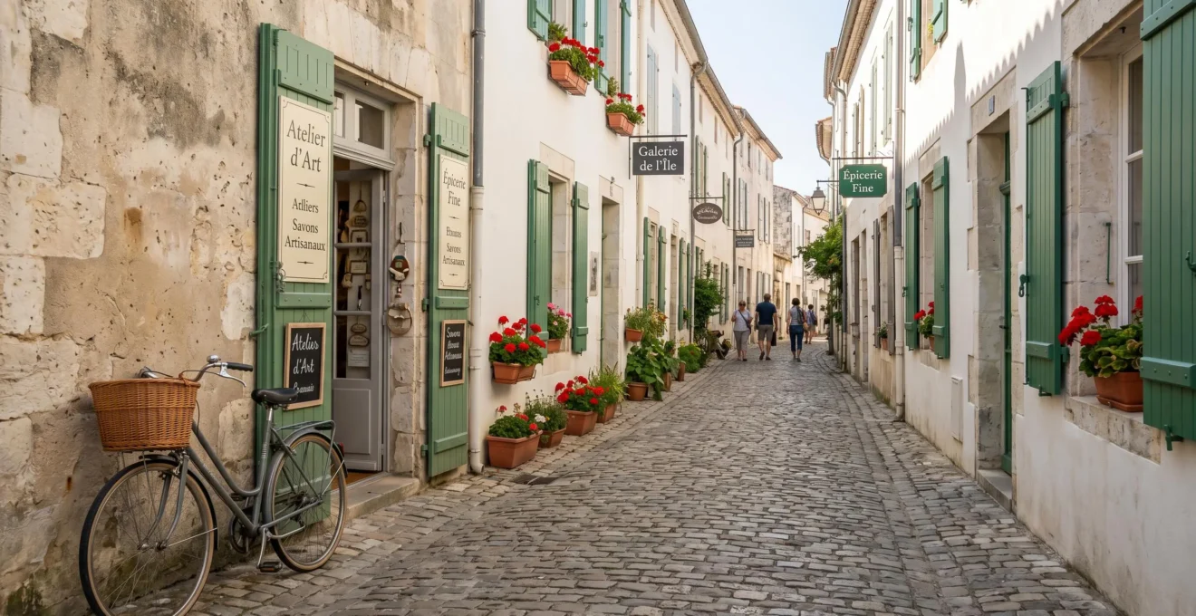 Narrow cobblestone street in Saint-Martin-de-Ré with traditional white houses, green shutters, artisan boutiques, bicycle against stone wall, and flower boxes, photographed in natural afternoon light