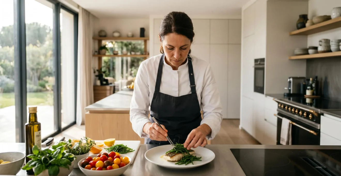 Professional chef plating refined Mediterranean dish in modern luxury villa kitchen with natural morning light, hands focused on culinary preparation with fresh local ingredients visible