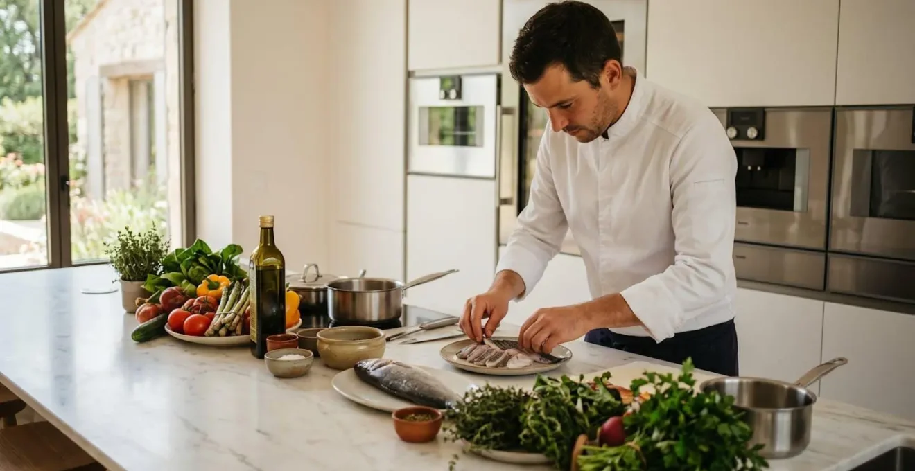 Professional private chef in white jacket preparing fresh local ingredients on marble kitchen island in luxury villa, photographed mid-work with natural window light illuminating contemporary kitchen