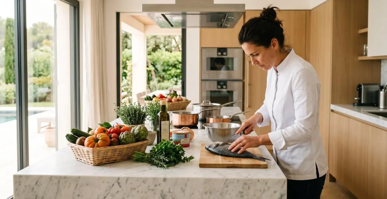 Professional private chef in white jacket preparing fresh local ingredients on marble kitchen island in luxury villa, photographed mid-work with natural window light illuminating contemporary kitchen