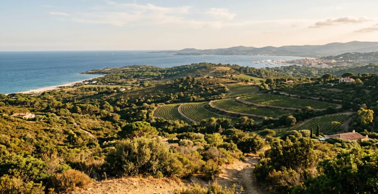 Ramatuelle peninsula hillside landscape with vineyard terrain and Mediterranean coastline visible in afternoon light, showing geographic positioning between inland privacy and coastal access