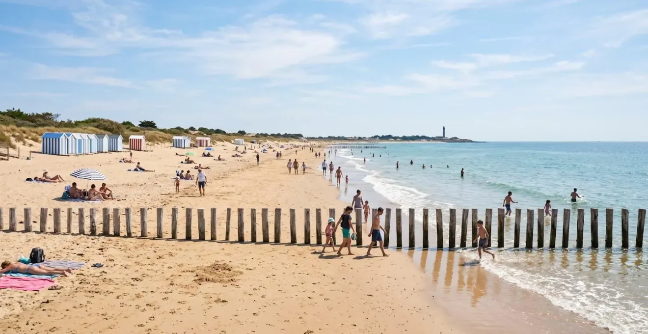 Wide sandy beach on Île de Ré with wooden groyne posts, turquoise Atlantic water, scattered beachgoers, striped beach cabins along shoreline, photographed on bright summer day with blue sky