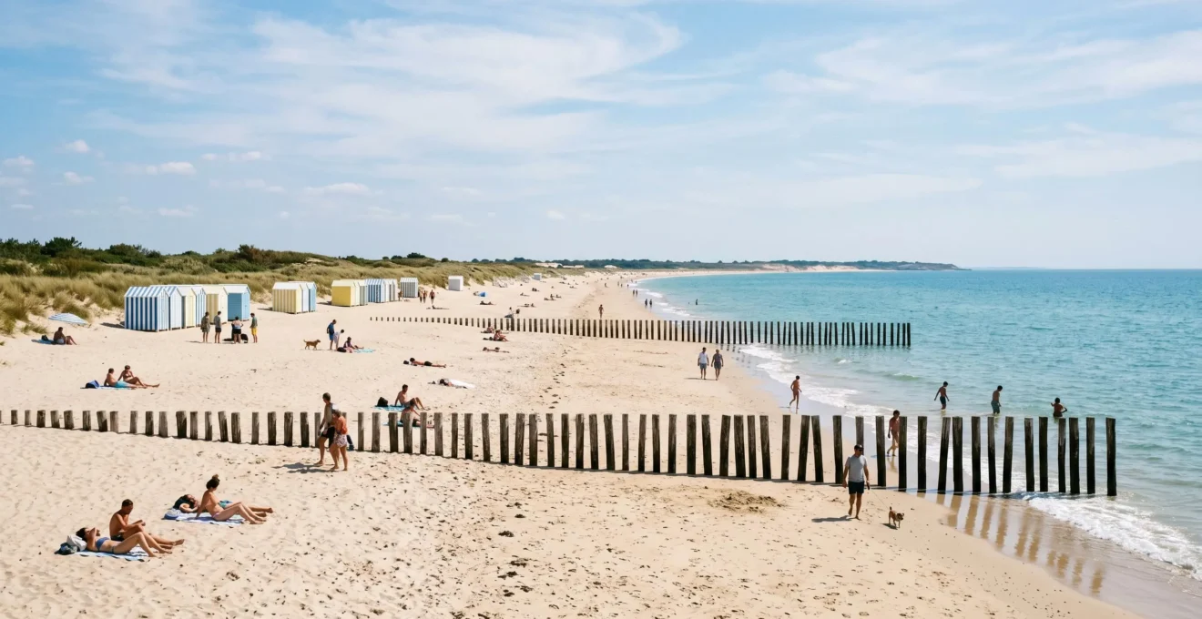 Wide sandy beach on Île de Ré with wooden groyne posts, turquoise Atlantic water, scattered beachgoers, striped beach cabins along shoreline, photographed on bright summer day with blue sky