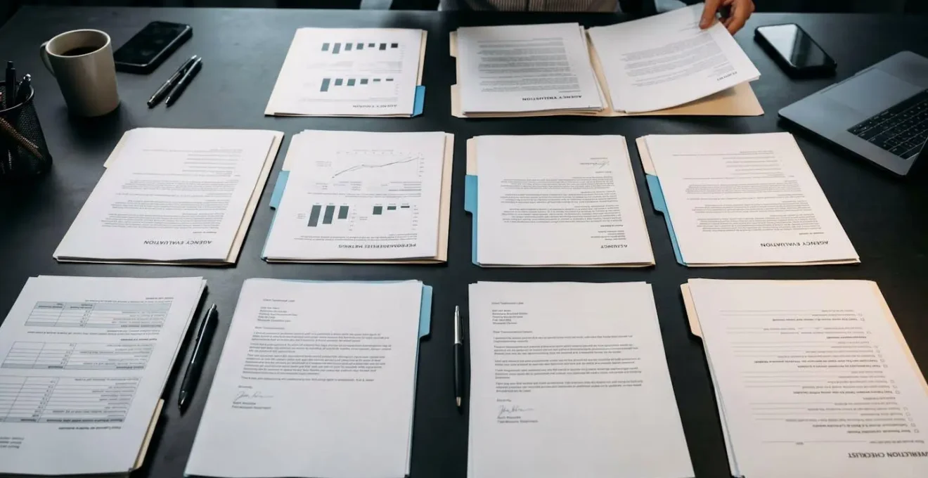 Agency evaluation documents and performance metrics arranged on professional desk for verification review