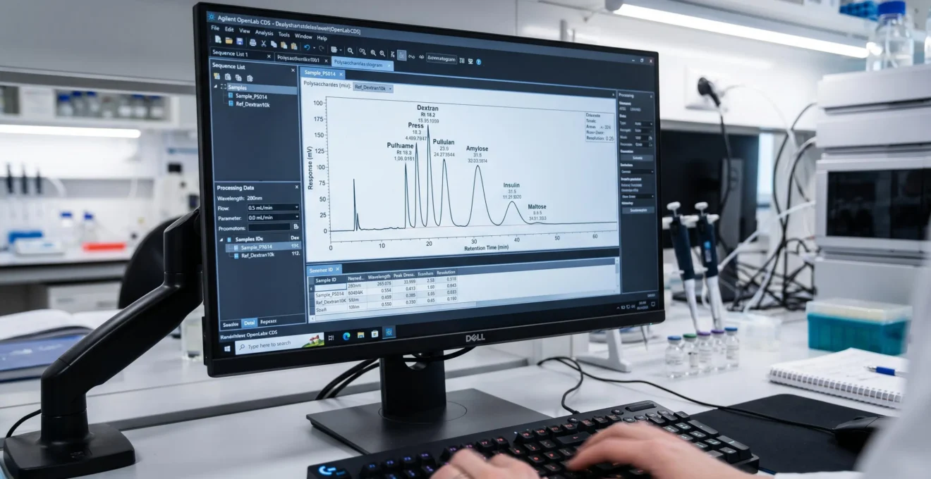 Computer screen showing polysaccharide chromatogram with analytical peaks and data processing software interface in laboratory setting