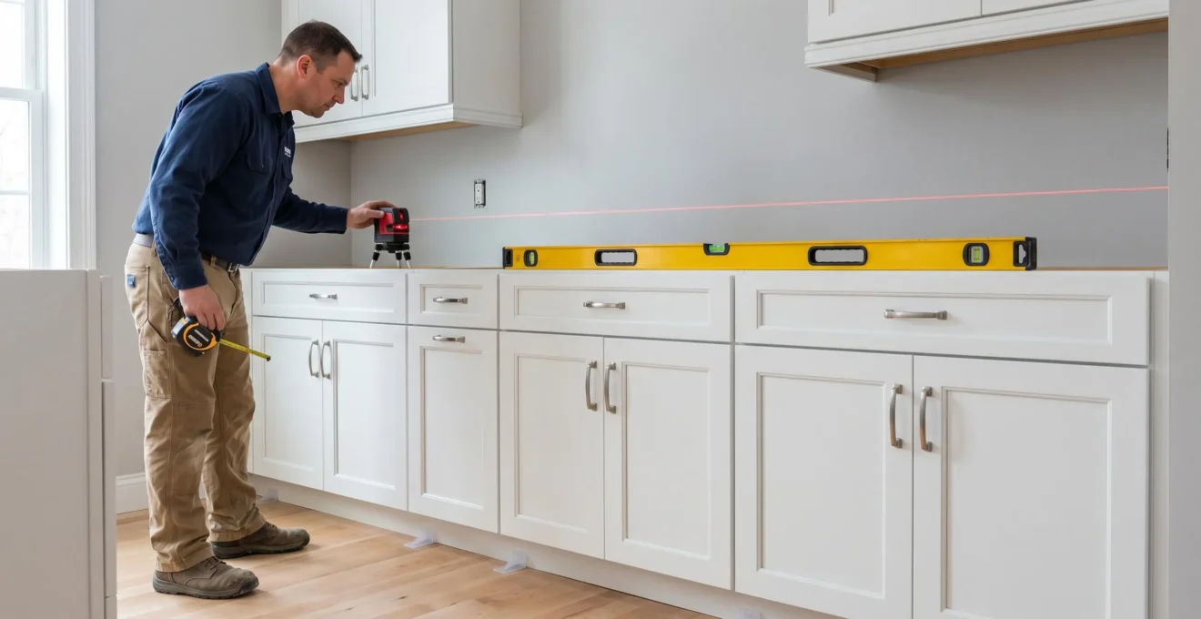 Professional countertop templator using laser level device to measure newly installed and leveled white kitchen base cabinets, with carpenter's level showing perfect alignment and visible leveling shims underneath