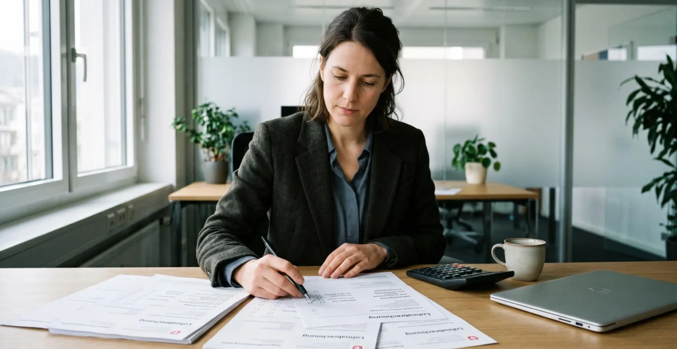 HR professional reviewing Swiss payroll documents at modern office desk with official AHV and BVG contribution forms visible