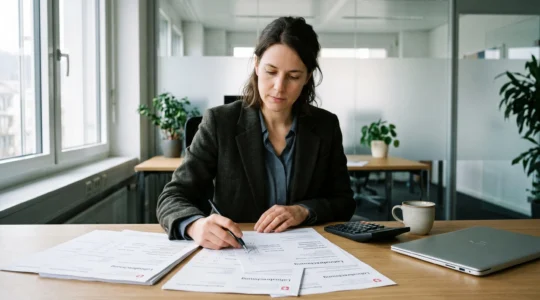 HR professional reviewing Swiss payroll documents at modern office desk with official AHV and BVG contribution forms visible