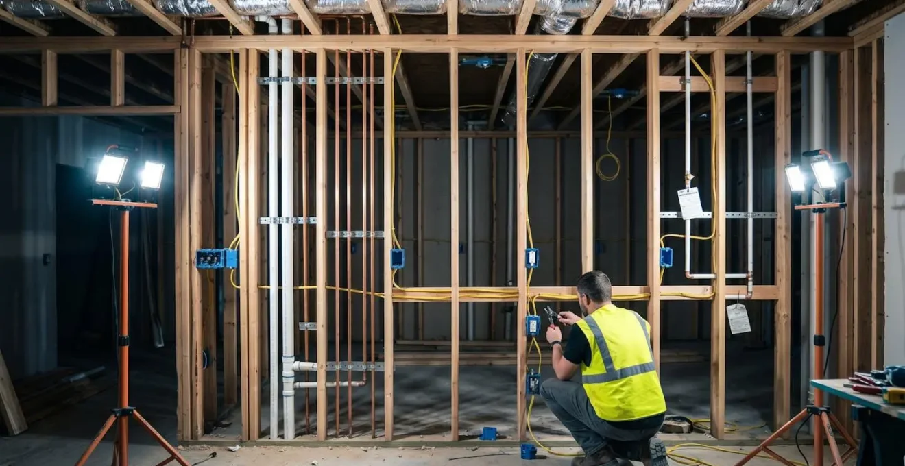 Open kitchen wall framing showing rough-in phase infrastructure with copper plumbing lines, PEX drain pipes, electrical Romex cables, junction boxes, HVAC ductwork, and electrician installing outlet box with inspection tag visible