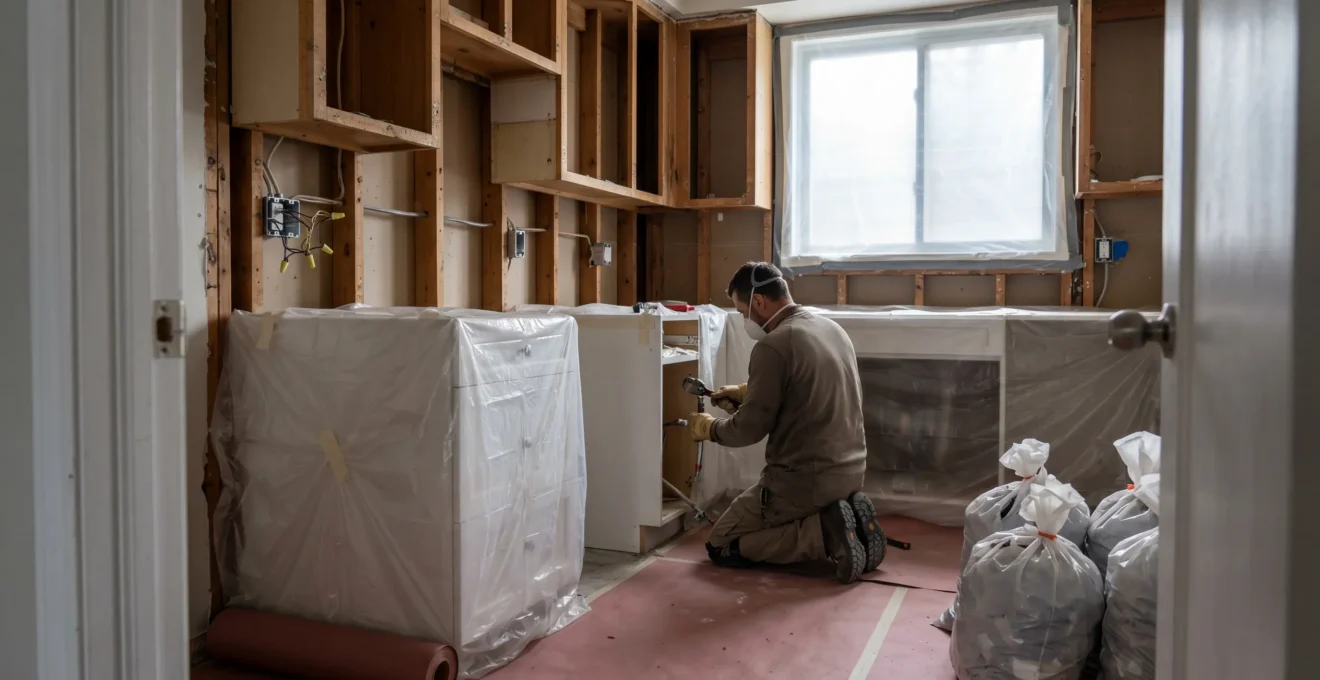 Kitchen selective demolition showing exposed wall studs with capped electrical wiring, lower cabinets protected with plastic sheeting, and contractor disconnecting plumbing with floor protection in place