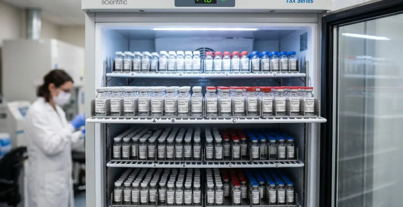 Laboratory refrigerator containing organized shelves of labeled polysaccharide reference standard vials in temperature-controlled storage