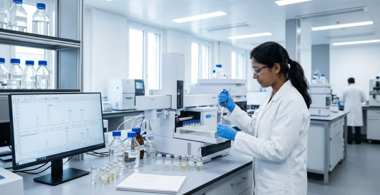 Laboratory technician in white coat operating HPLC chromatography system for polysaccharide analysis in modern analytical chemistry laboratory