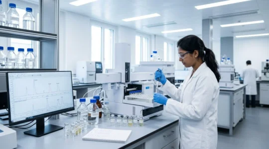 Laboratory technician in white coat operating HPLC chromatography system for polysaccharide analysis in modern analytical chemistry laboratory