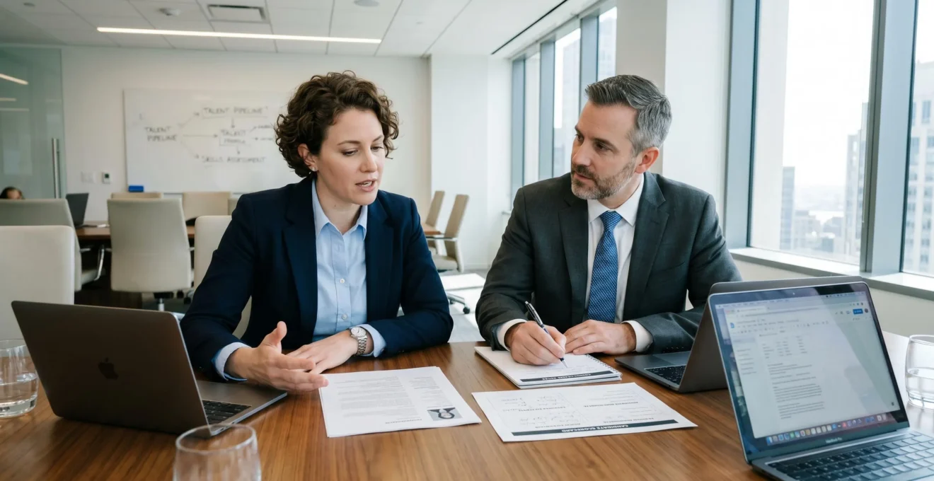 Professional consultation meeting between hiring manager and recruitment agency representative discussing evaluation criteria