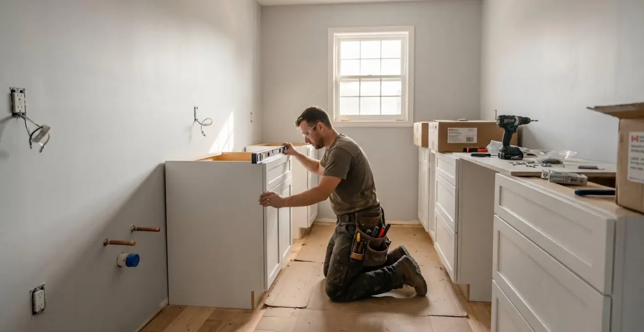 Professional contractor installing white base cabinets in Ottawa residential kitchen mid-renovation, with visible plumbing rough-in pipes, electrical outlets, leveling tools, and natural window light illuminating the construction workspace