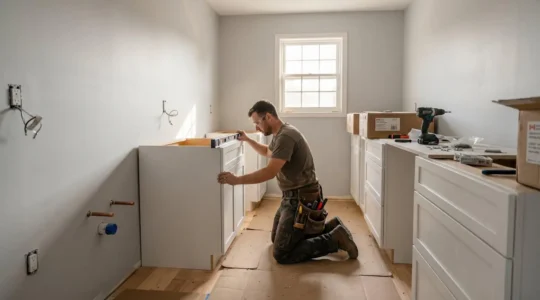 Professional contractor installing white base cabinets in Ottawa residential kitchen mid-renovation, with visible plumbing rough-in pipes, electrical outlets, leveling tools, and natural window light illuminating the construction workspace