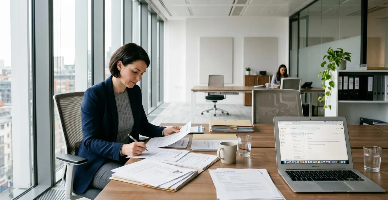 Recruitment consultant reviewing candidate profiles and client requirements in modern agency office