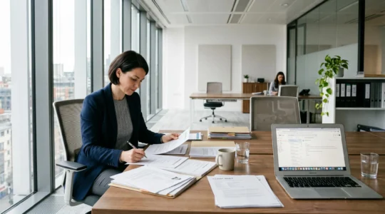 Recruitment consultant reviewing candidate profiles and client requirements in modern agency office