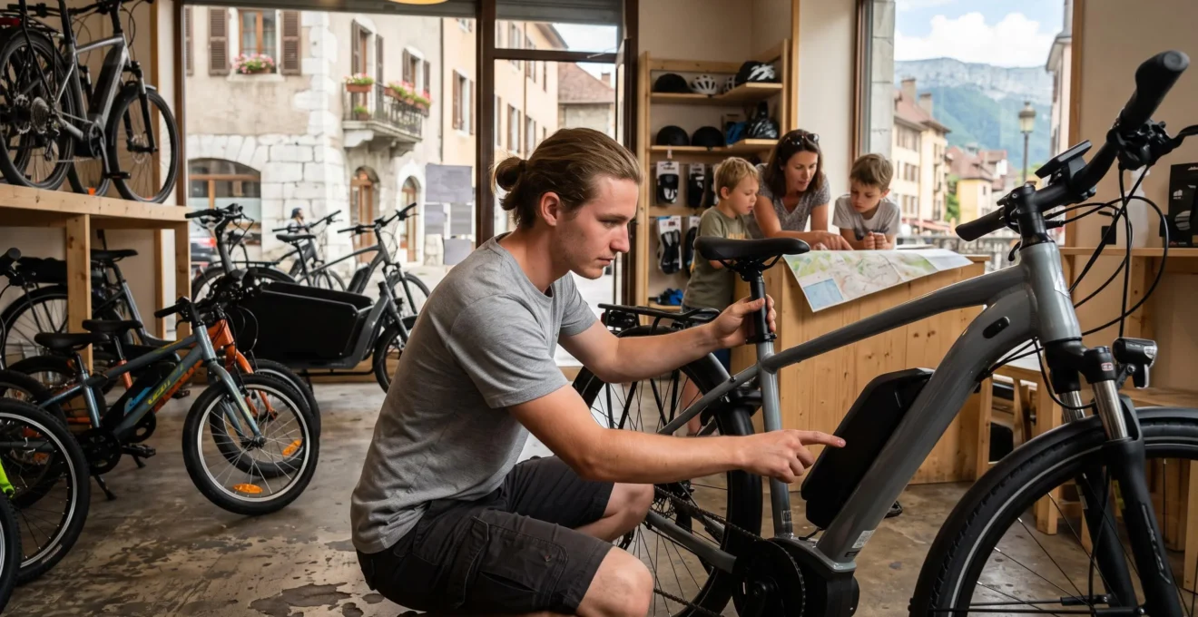 Rental shop employee adjusting an electric bike for a customer in an Annecy bike rental store