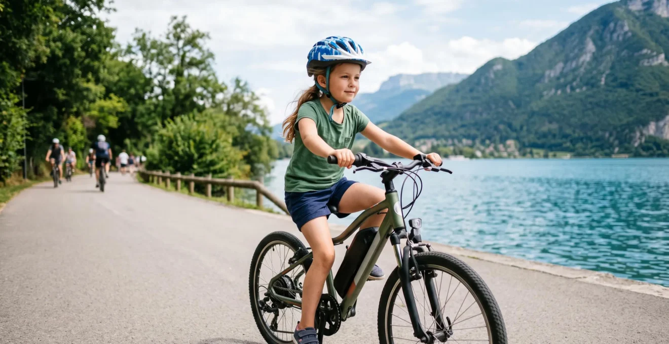Young child riding an electric bike along the Lake Annecy cycle path